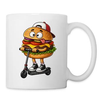 Lustiger Cartoon Roller Scooter mit Burger - Tasse - Weiß - Rechts