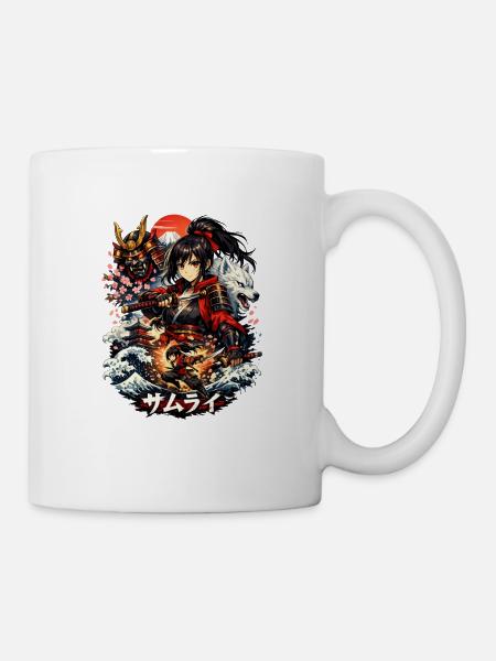 Roter Samurai mit Kirschblütenwellen - Tasse - Weiß