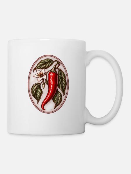 Vintager Chili mit Blatt und Blüte - Tasse - Weiß