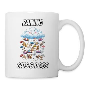 Raining Cats and Dogs – lustiger Idiom-Cartoon - Tasse - Weiß - Rechts