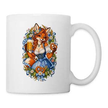 Füchsin im Dirndl mit Bier und Brezel - Tasse - Weiß - Rechts