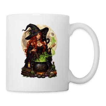 Hexe mit schwarzer Katze – Magie bei Vollmond - Tasse - Weiß - Rechts