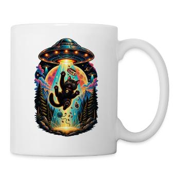 Schwarze Katzen-UFO-Entführung Vintage Retro-T-Shirt - Tasse - Weiß - Rechts
