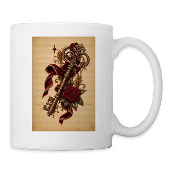 Verzierter Schlüssel mit Rose – Vintage Design - Tasse - Weiß - Rechts