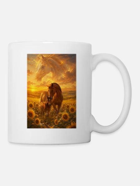 Stute und Fohlen im Sonnenfeld - Tasse - Weiß