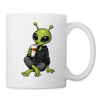 Alien mit Latte Macchiato - Tasse - Weiß - Rechts