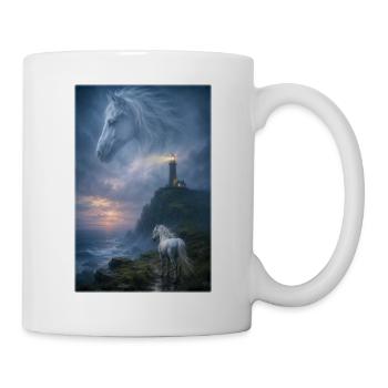 Weißes Pferd am Leuchtturm im Nebel - Tasse - Weiß - Rechts