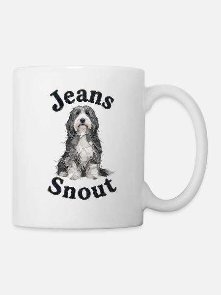 Grauer Bearded Collie im Jeansflicken-Stil - Tasse - Weiß