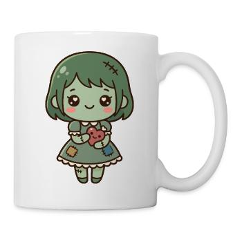 Süßes Kawaii-Zombie-Mädchen hält ein gesticktes Herz - Tasse - Weiß - Rechts