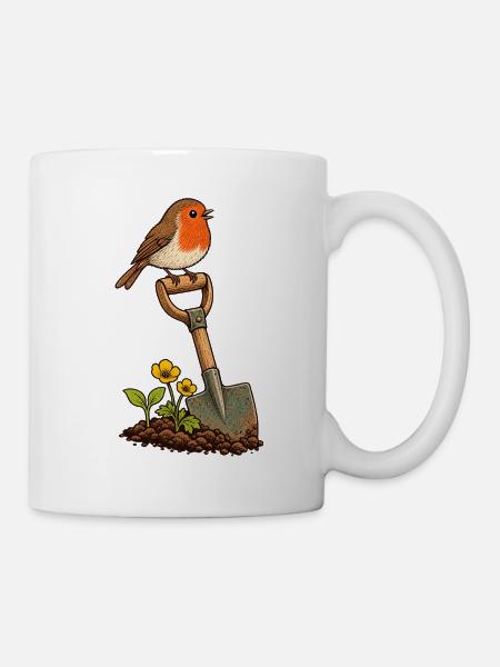 Rotkehlchen auf dem Gartenspaten - Tasse - Weiß