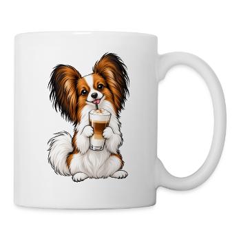 Schmetterlingshund Papillon mit Latte Macchiato - Tasse - Weiß - Rechts