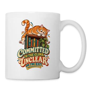 Engagiert für den Aufstieg – Lustige Katze, die an einem Buch feststeckt - Tasse - Weiß - Rechts