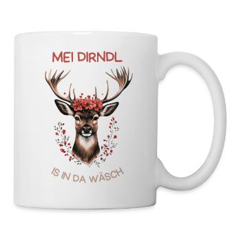 Mei Dirndl is in da Wäsch – Lustiger Hirsch  - Tasse - Weiß - Rechts