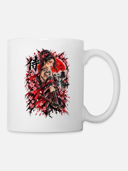 Japan Samurai Kriegerin – Sakura Design - Tasse - Weiß