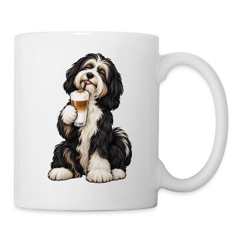 Tibet Terrier mit Latte Macchiato – Kaffeepause - Tasse - Weiß - Rechts