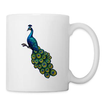 pfauen hahn in Edelblau, vögel,   - Tasse - Weiß - Rechts