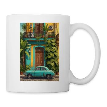 Tropischer Oldtimer im sonnenbeschienenen Innenhof - Tasse - Weiß - Rechts