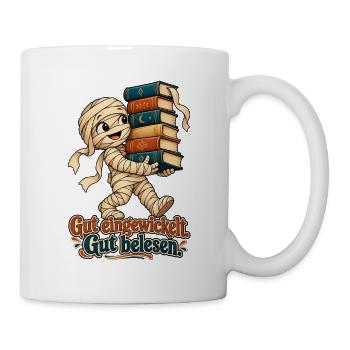 Lesende Mumie: Gut eingewickelt, gut belesen - Tasse - Weiß - Rechts