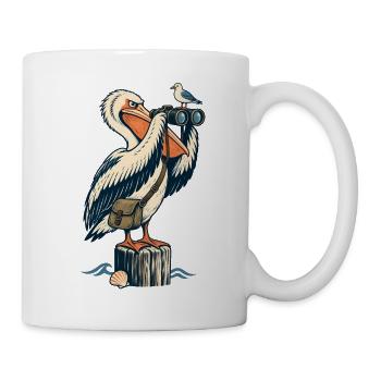 Pelikan mit Fernglas – Maritimes Küstenmotiv - Tasse - Weiß - Rechts