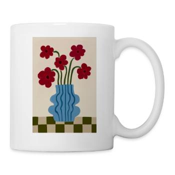 Rote Blumen in Blauem Gefäß - Tasse - Weiß - Rechts