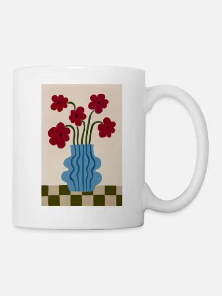 Rote Blumen in Blauem Gefäß - Tasse - Weiß