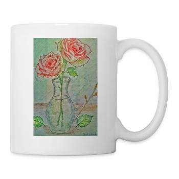 Zwei rote Rosen in einer Vase - Tasse - Weiß - Rechts