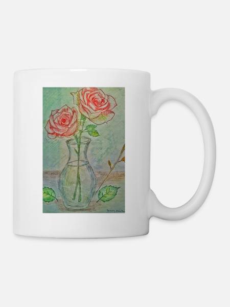 Zwei rote Rosen in einer Vase - Tasse - Weiß