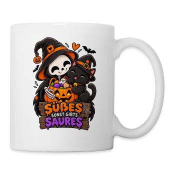 Süßes Skelettchen mit Halloween-Katze - Tasse - Weiß - Rechts