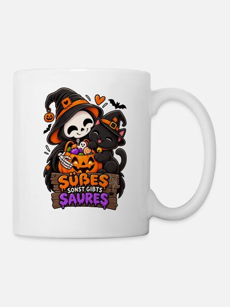 Süßes Skelettchen mit Halloween-Katze - Tasse - Weiß