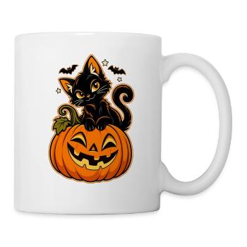 Schwarze Katze auf Kürbis - Tasse - Weiß - Rechts