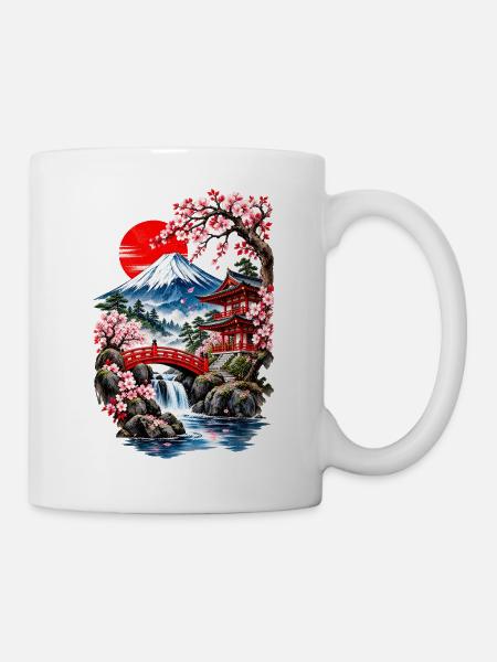 Fuji-Landschaft und Kirschbäume - Tasse - Weiß