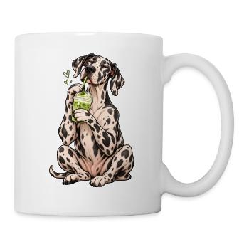 Deutsche Dogge mit Matcha Latte – Kaffeepause - Tasse - Weiß - Rechts