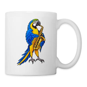 Ara spielt Saxophon – Buntes Musikmotiv - Tasse - Weiß - Rechts