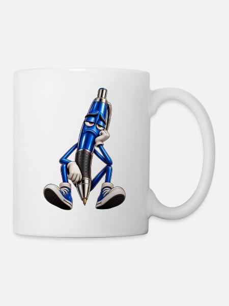 Blauer Stift Müde Cartoonfigur - Tasse - Weiß