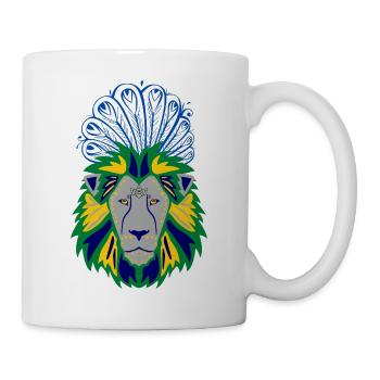 Löwenkopf mit Pfauenfedernkunst - Tasse - Weiß - Rechts