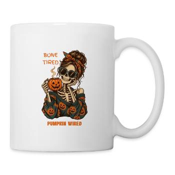 Knochenmüde, mit Kürbis verdrahtetes Halloween-Skelett - Tasse - Weiß - Rechts