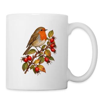 Rotkehlchen mit Hagebutten - Tasse - Weiß - Rechts