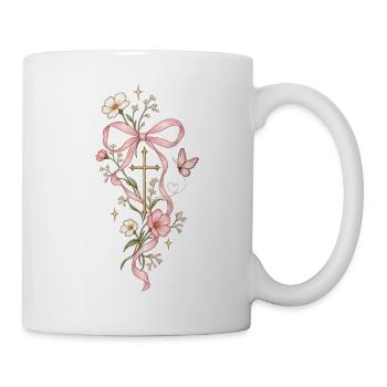 Blütenkreuz mit Rosa Band - Tasse - Weiß - Rechts