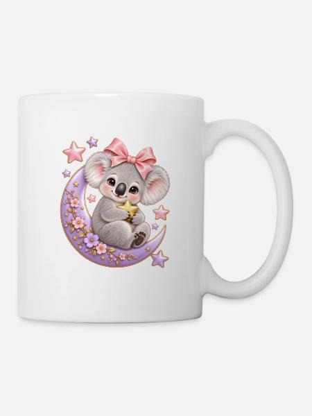 Süßer Koala auf dem Mond mit rosa Schleife - Tasse - Weiß
