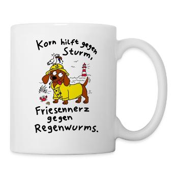 Korn gegen Sturm, Friesennerz gegen Regenwurms - Tasse - Weiß - Rechts