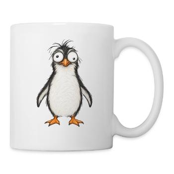 Verrückter Pinguin mit großen Augen – Bleistiftzeichnung - Tasse - Weiß - Rechts