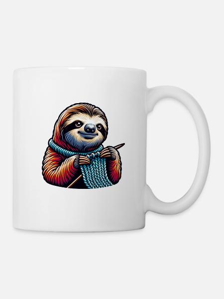 Cute Sloth Knitting Enthusiastically Design - Mug - white