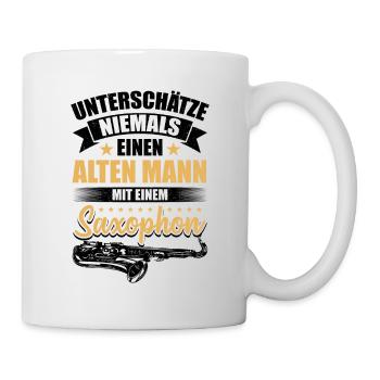 Unterschätze Niemals Einen Alten Mann Mit Saxophon - Tasse - Weiß - Rechts