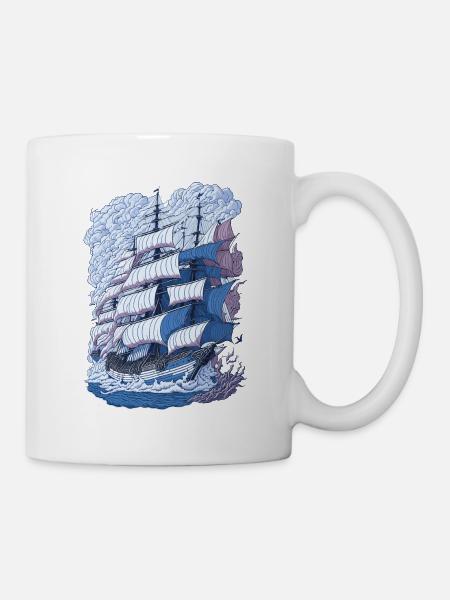 Segelschiff Line-Art-Illustration - Tasse - Weiß