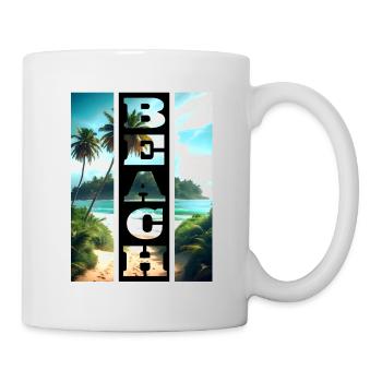 Beach motif with lettering in black bar - Mug - white - Right