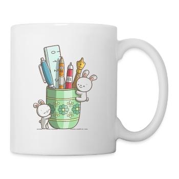 Zwei niedliche Hasen an einem Stiftbecher - Tasse - Weiß - Rechts