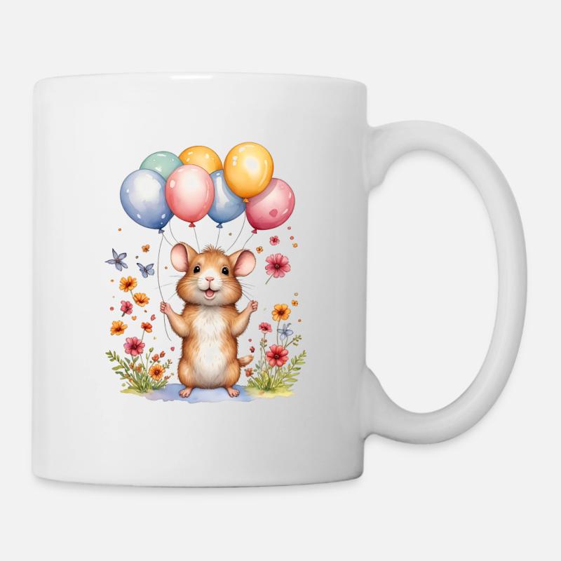 Süße Maus mit Geburtstagsballons - Tasse - Weiß
