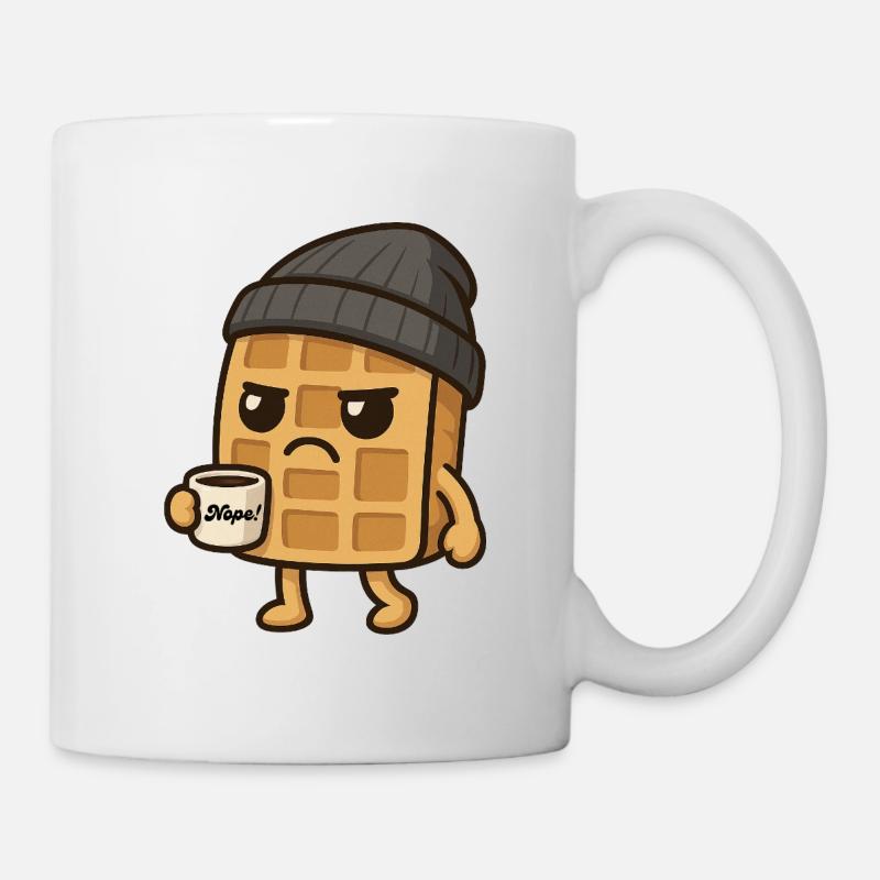 Grumpy Kawaii Waffel - Coffee Beanie Cartoon - Tasse - Weiß