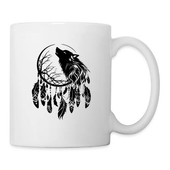 Traumfänger, Wolf, Mond, Natur, Baum, Tribal Stil - Tasse - Weiß - Rechts
