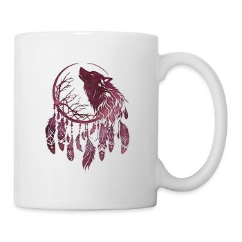 Traumfänger, Wolf, Mond, Natur, Baum, Tribal Stil - Tasse - Weiß - Rechts